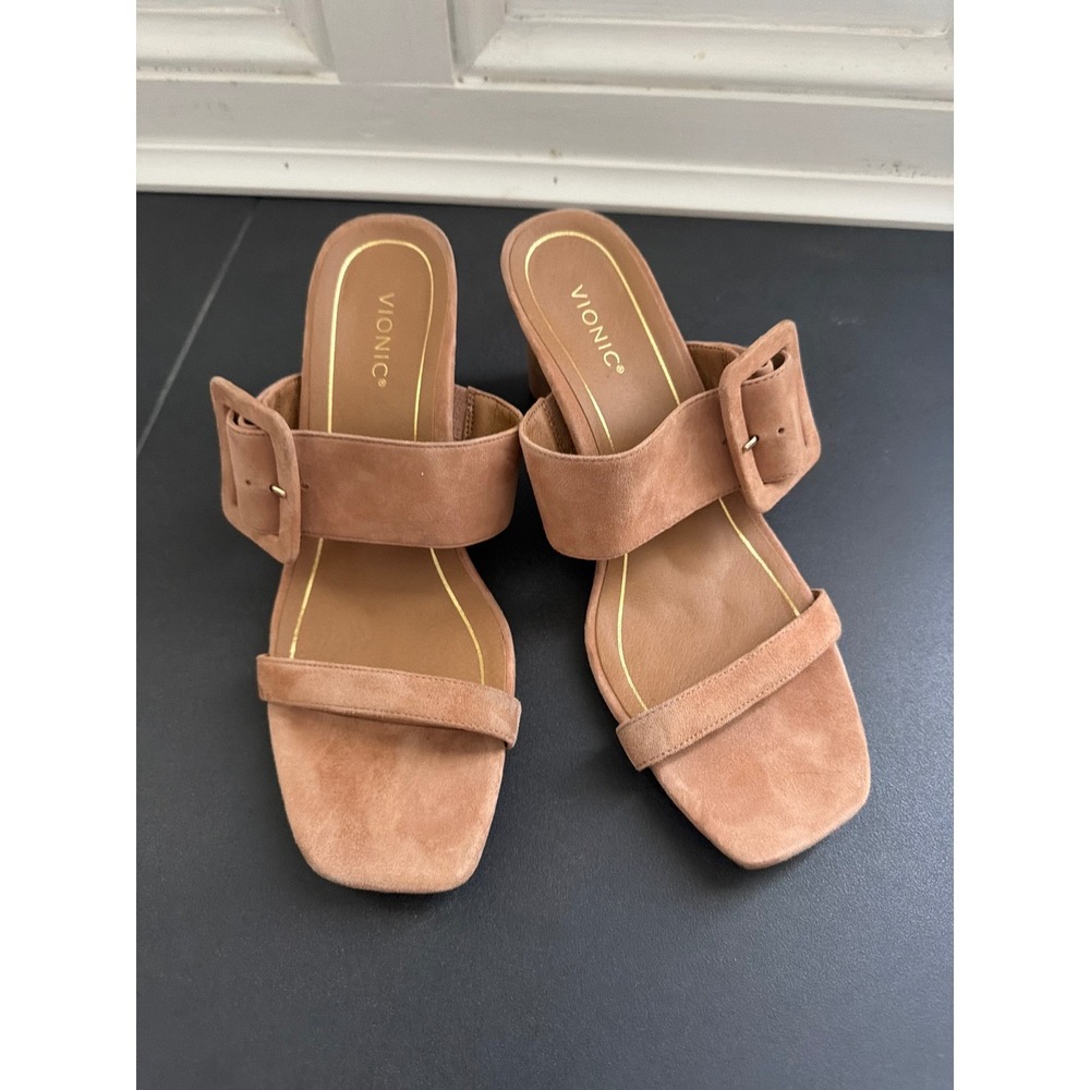 Vionic Brookell Tan Suede Heeled Sandals Buckle Block Heel Mules Womens 9.5